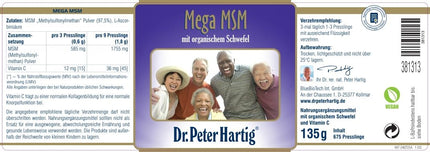 Dr. Peter Hartig Mega MSM 675 tabletes 7 mēnešu uztura bagātinātājs vegāns bez laktozes, rauga un glutēna