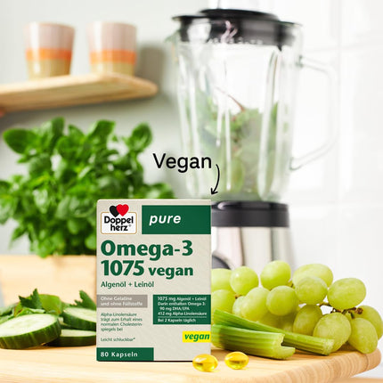 Doppelherz tīra Omega-3 1075 vegāns - Aļģu eļļa + linsēklu eļļa - Alfa-linolēnskābe veicina normāla holesterīna līmeņa uzturēšanu - 80 kapsulas