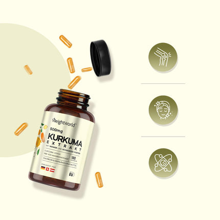 Kurkumas ekstrakta kapsulas - 500 mg kurkumas ekstrakta - 180 kapsulas 6 mēnešiem - kurkumīns ar 20 mg ingvera un 600 mg melnajiem pipariem - 1 kapsula dienā - kurkumīns - WeightWorld