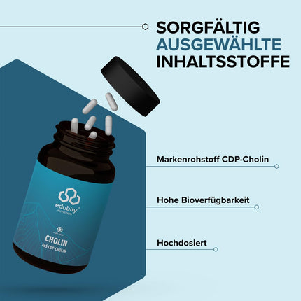 edubily nutrition® holīns - 500 mg CDP-holīna no Cognizin® vienā kapsulā - augsta biopieejamība - 60 kapsulas dzintarkrāsas stiklā