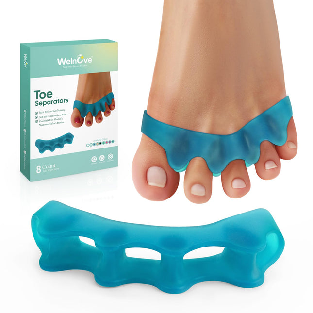 Welnove silikona pirkstu atdalītāji Hallux valgus korekcijai - 8 pirkstu sadalītāju iepakojums vīriešu pēdām - āmura pirkstu taisnotājs sievietēm, jogas vingrinājumi, pēdu izlīdzināšana - zils