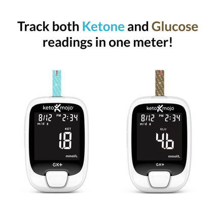 KETO-MOJO GKI Bluetooth glikozes un ketonvielu testa komplekts (mg/dL) + bezmaksas ketozes un diabēta uzraudzības lietotne – 20 testa strēmeles (10 katrā), mērītājs, 20 lancetes, lancetes ierīce un kontroles šķīdumi