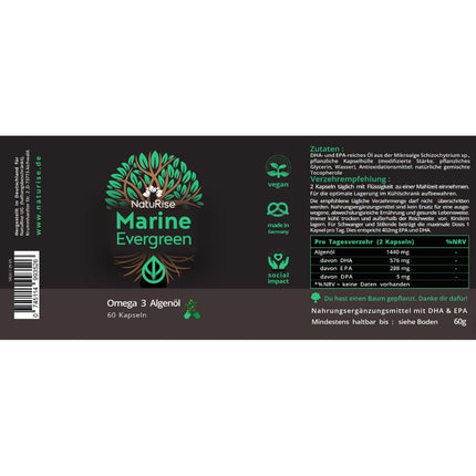 NatuRise® Omega 3 vegāns – aļģu eļļa – 804 mg DHA un EPA – augsta deva – 60 kapsulas – jauna formula – laboratorijas tests – triglicerīdu forma – bez karagināna – UV stikls