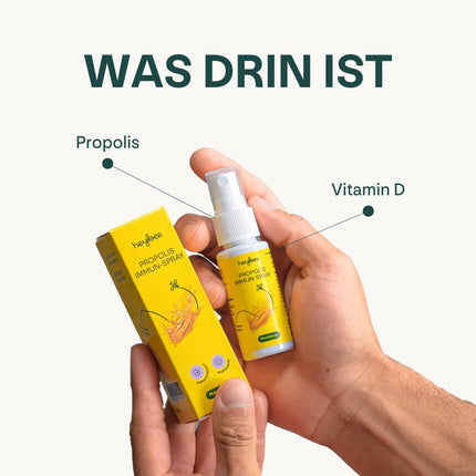 heybee® Propolisa imūnsprejs ar D vitamīnu, 30 ml - mutes dobuma aerosols bērniem un pieaugušajiem, nomierinošs rīklei un rīklei + stiprina imūnsistēmu, sastāvdaļas no ilgtspējīgas biškopības