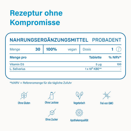 Nupure Probadent | Sūkājamās tabletes ar baktēriju kultūrām mutes dobuma florai, citrona garša, svaiga elpa pret sliktu elpu | Mutes dobuma higiēna bez mutes skalošanas līdzekļa un mēles tīrīšanas līdzekļa (30 kapsulas - 30 dienas)