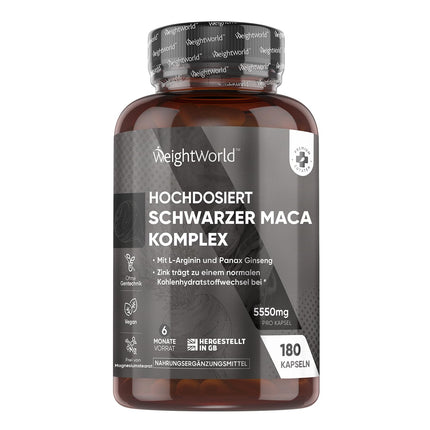 Maca kapsulas - 5550 mg vienā kapsulā - 6 mēnešu krājumi - melnās un dzeltenās Maca komplekss ar L-arginīnu, Panax žeņšeņu, melnajiem pipariem un cinku - 180 kapsulas - WeightWorld