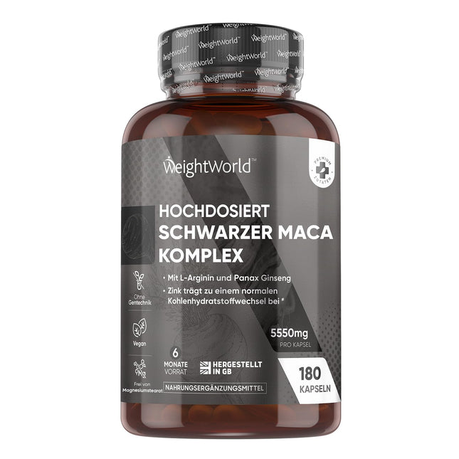 Maca kapsulas - 5550 mg vienā kapsulā - 6 mēnešu krājumi - melnās un dzeltenās Maca komplekss ar L-arginīnu, Panax žeņšeņu, melnajiem pipariem un cinku - 180 kapsulas - WeightWorld