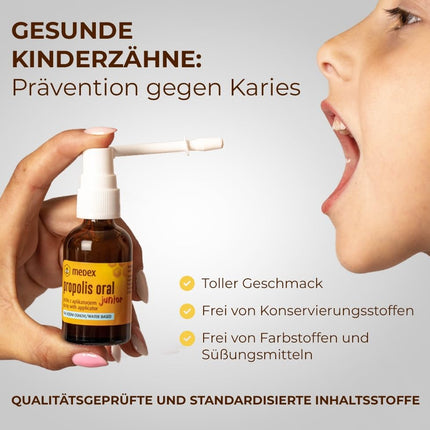 Medex Propolis Oral Junior, propolisa aerosols, mutes un rīkles aerosols, uz ūdens bāzes, BEZ spirta; ar pievienotu medu, salviju, niacīnu, egļu galiem, ar aplikatoru, bērniem no 3 gadu vecuma, 30 ml
