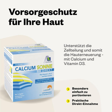 Avitale Calcium Sun 500 Direct - Lai sagatavotu ādu saulei, satur 500 mg kalcija un 6 mg beta-karotīna, kā arī C, D3 un E vitamīnus, 150 g