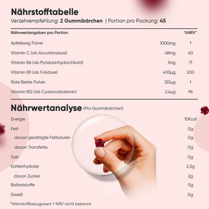 Ābolu sidra etiķa želejkonfektes 1000 mg - C vitamīns, B12, B6, B9 (folijskābe) un bietes - 90 vegānas želejkonfektes ar ābolu garšu - WeightWorld ābolu sidra etiķis