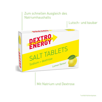 DEXTRO ENERGY SĀLS TABLETES AR CITRONU + NĀTRIJU - 54 g, 30 tabletes - Dextro cukura tabletes ātrai ogļhidrātu enerģijas piegādei, uztura bagātinātājs treniņu laikā