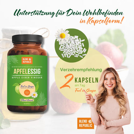 BLEND REPUBLIC® 180 x ābolu sidra etiķa kapsulas, augstas devas un dabīgas | 1000 mg ābolu sidra etiķa vienā dienas devā | Vegāns un laboratorijā pārbaudīts | Ābolu sidra etiķis | 3 mēnešu piegāde