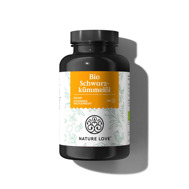 NATURE LOVE® Organiskā melnā ķimenes eļļa - 240 vegānas kapsulas - augsta deva: 1000 mg Ēģiptes melnā ķimenes eļļas vienā dienas devā - no kuriem 50% linolskābes - auksti spiesta, dabiski ražota un laboratorijā pārbaudīta