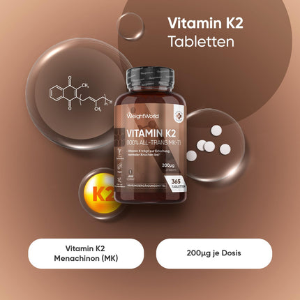 K2 vitamīna MK7-365 vegāniskās tabletes - 200µg devā - 100% trans-menahinons - 1 gada krājums - K vitamīna uztura bagātinātāji no WeightWorld
