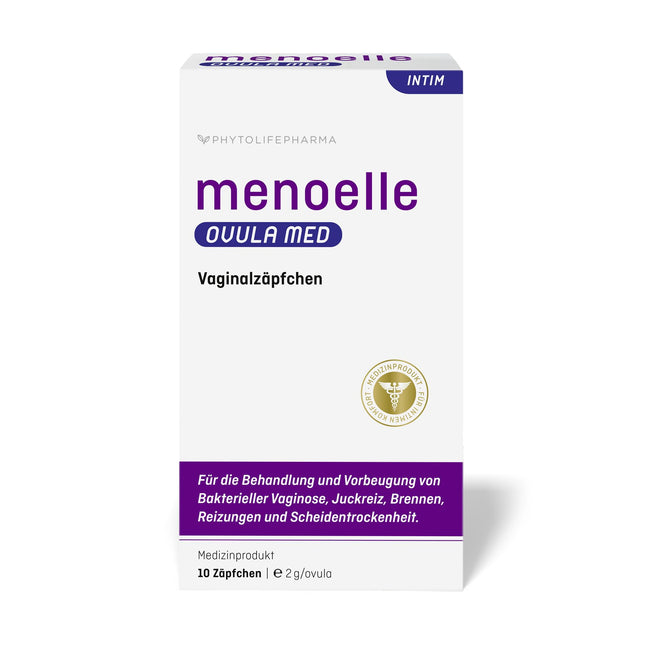 menoelle® OVULA med – vaginālās svecītes. Bakteriālas vaginozes, maksts rauga infekciju un maksts sausuma gadījumā. Ar pienskābi un hialuronskābi. Bez hormoniem un konservantiem. 10 svecītes.