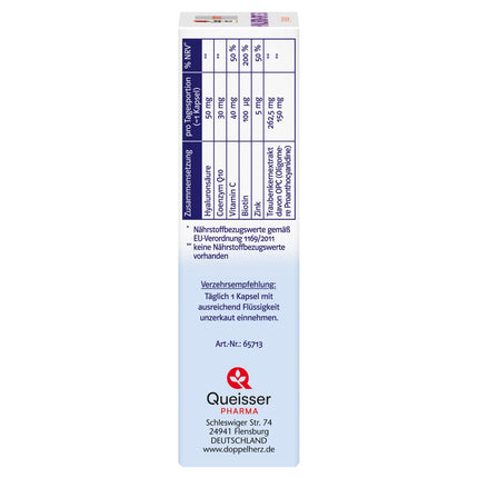 Doppelherz sistēma HYALURON + OPC 150 - Ar 50 mg hialuronskābes un 150 mg OPC no vīnogu kauliņu ekstrakta un ar C vitamīnu - 30 kapsulas