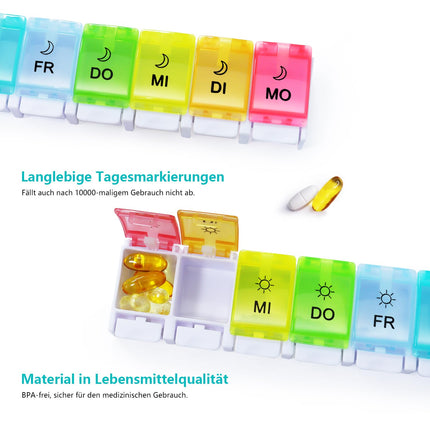 MOLN HYMY 7 dienu tablešu kastīte, 2 nodalījumi, rīta un vakara tablešu kastīte, liela ietilpība, bez BPA, 14 nodalījumi, spiedpoga (varavīksnes krāsā)