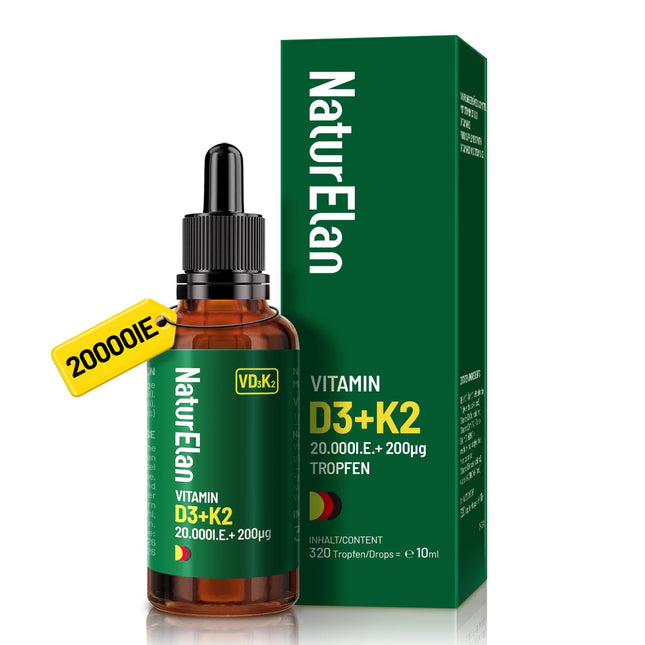 D3 un K2 vitamīna lielas devas pilieni - 20000 SV. + K2 MK7 vitamīns 200 mcg devā, veģetārs, bez piedevām, ražots Vācijā