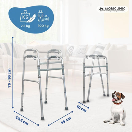 Mobiclinic®, staigāšanas palīglīdzeklis, staigāšanas rāmis, šaurs, stabils, salokāms, 4 gumijas pēdas, izgatavots no alumīnija, viegls, Eiropas zīmols, regulējams augstums, ergonomiski rokturi, tikai 2,5 kg, sudraba, modeļa kolonna