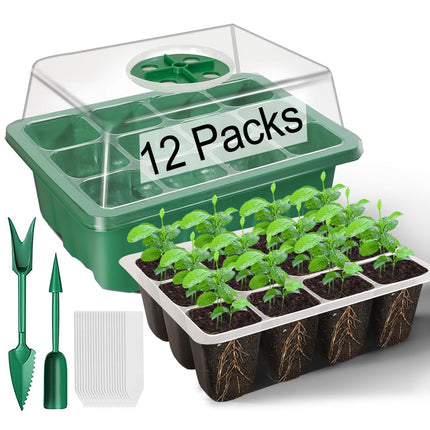TOYPOPOR 12 iepakojumu iekštelpu siltumnīcas pavairotājs, 144 mini siltumnīcas pavairošanas komplekts ar paceltu vāku, atkārtoti lietojama pavairošanas paplāte, stādu sākuma paplātes stādiem - zaļas