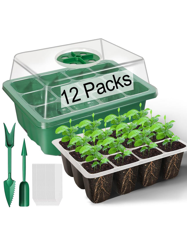 TOYPOPOR 12 iepakojumu iekštelpu siltumnīcas pavairotājs, 144 mini siltumnīcas pavairošanas komplekts ar paceltu vāku, atkārtoti lietojama pavairošanas paplāte, stādu sākuma paplātes stādiem - zaļas