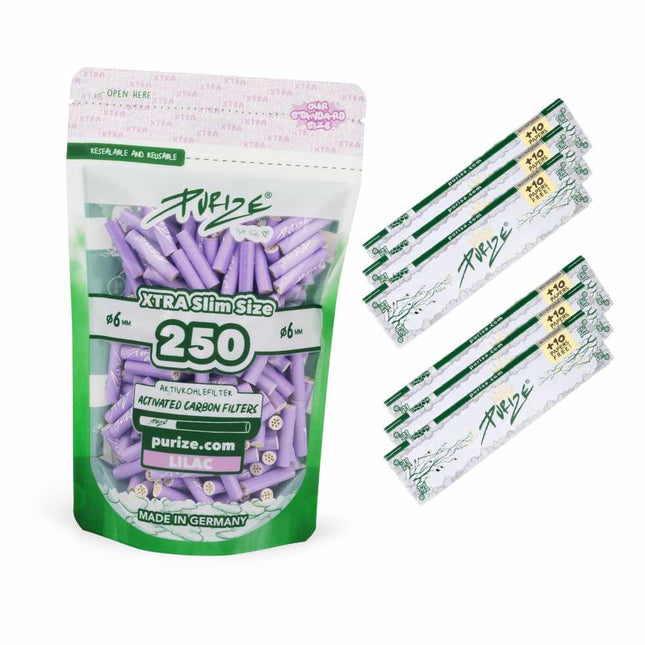 PURIZE komplekts 250 x īpaši plāna izmēra aktivētās ogles filtri 5,9 mm + 6 paciņas (252 papīri) PURIZE garie papīri (ceriņkrāsā)