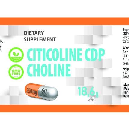 Citicoline CDP holīns 250 mg 60 vegāniskas kapsulas, laboratoriski pārbaudītas, augstas koncentrācijas, bez pildvielām vai palielinātājiem, bez ĢMO