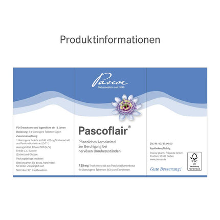 Pascoflair: 90 tabletes - augu izcelsmes nomierinošs līdzeklis - nervu nemiera, piemēram, stresa izraisīta, gadījumā - 425 mg koncentrēta ekstrakta vienā tabletē atbilst 4250-6375 mg pasifloras (dienas deva)