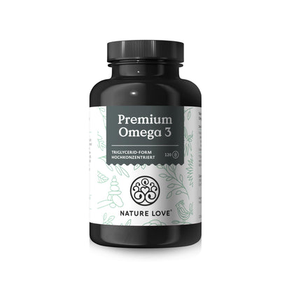 Nature Love Premium Omega 3 JAUNUMS - 120 kapsulas - 1000 mg zivju eļļas vienā kapsulā ar 80% Omega 3 saturu (EPA un DHA) - Augsta deva un augsta biopieejamība, pateicoties triglicerīdu formai - no ilgtspējīgas zvejas