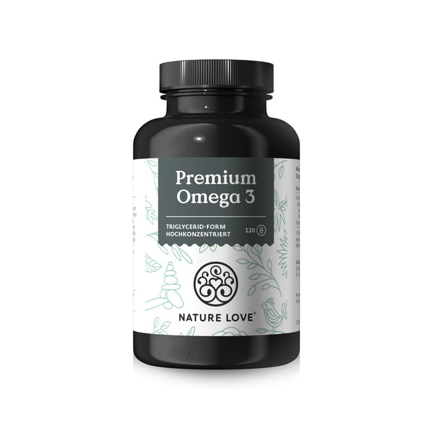 Nature Love Premium Omega 3 JAUNUMS - 120 kapsulas - 1000 mg zivju eļļas vienā kapsulā ar 80% Omega 3 saturu (EPA un DHA) - Augsta deva un augsta biopieejamība, pateicoties triglicerīdu formai - no ilgtspējīgas zvejas