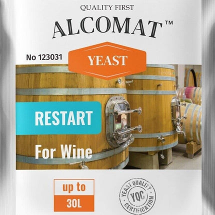 Alcomat vīna raugs fermentācijas atsākšanai Restart Yeast, fermentācijas rauga vīns 25 līdz 30 litriem, rauga sausā rauga alkohola tolerance līdz 18%, 1 gab.