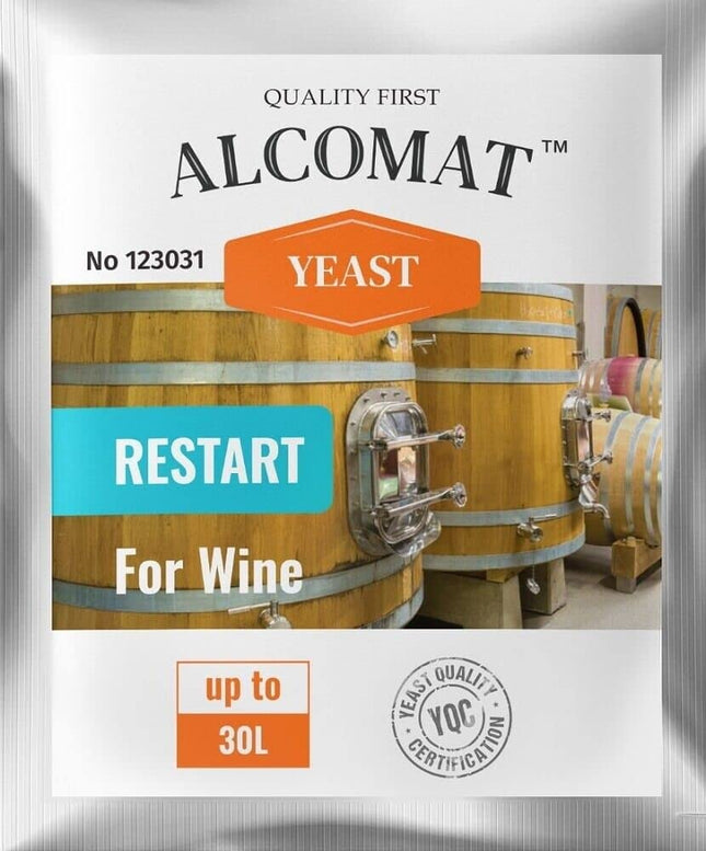 Alcomat vīna raugs fermentācijas atsākšanai Restart Yeast, fermentācijas rauga vīns 25 līdz 30 litriem, rauga sausā rauga alkohola tolerance līdz 18%, 1 gab.