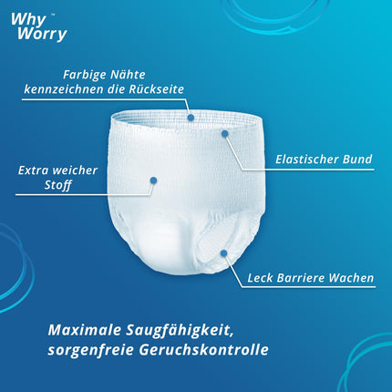 WhyWorry nesaturēšanas biksītes vīriešiem un sievietēm, nesaturēšanas biksītes sievietēm un vīriešiem, pieaugušo vienreizējās lietošanas autiņbiksītes, aizsardzība pret noplūdi visas nakts garumā, aizsardzība pret smaku, unisex, L izmērs, 26 iepakojumā