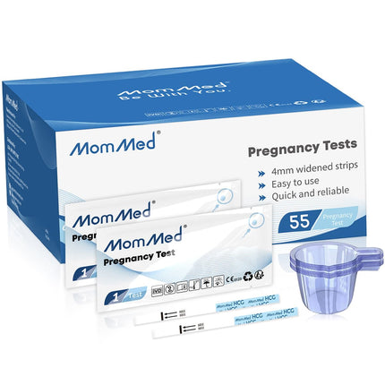 MOMMED grūtniecības tests (HCG55), 55 grūtniecības testa agrīnās pārbaudes strēmeles ar 55 urīna savākšanas krūzītēm bonusā; Grūtniecības testu precizitāte pārsniedz 99%