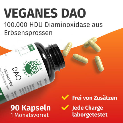 DAO kapsulas VEGĀNS — augsta deva: 100 000 HDU — 100 mg zirņu asnu pulvera vienā kapsulā vienkāršai dozēšanai — aptiekas kvalitāte — 90 kapsulas — Green Naturals®