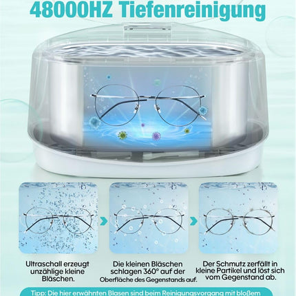 Gisaae ultraskaņas tīrīšanas ierīce 48000Hz briļļu tīrīšanas ierīce 660ml protēžu tīrīšanas vannas ar pulksteņu statīvu un tīrīšanas grozu brillēm, rotaslietām, pulksteņiem, monētām