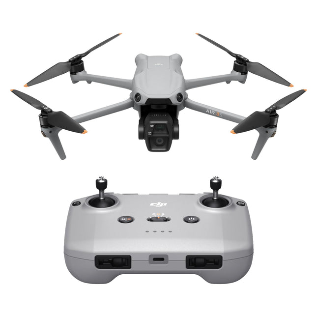 DJI Air 3S (RC-N3), drons ar 4K kameru, divu kameru drons ar 1 collas CMOS platleņķa kameru, 4K/60 kadri/s HDR video un 14 dinamiskā diapazona iestatījumiem, maksimālais lidojuma laiks 45 minūtes, 20 km video pārraide