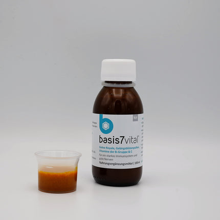 Basis 7 Vital imūnsistēmas un nervu sistēmas stiprināšanai ar Sanoctua, dabīgs imunitātes līdzeklis dzeršanai ar peru pieniņu, vērtīgiem vitamīniem un minerālvielām, 100 ml