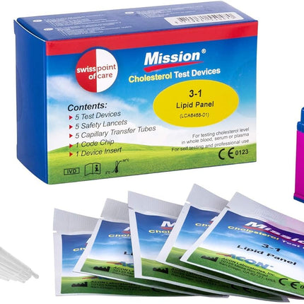 Swiss Point Of Care Mission 3 vienā testa strēmeles un citi mērīšanas piederumi | 5 holesterīna testa strēmeles, ieskaitot 5 pārneses mēģenes, 1 koda mikroshēmu, 1 ierīces ieliktni