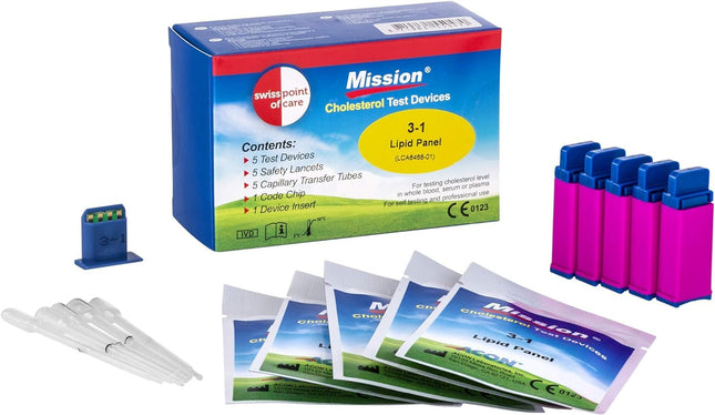Swiss Point Of Care Mission 3 vienā testa strēmeles un citi mērīšanas piederumi | 5 holesterīna testa strēmeles, ieskaitot 5 pārneses mēģenes, 1 koda mikroshēmu, 1 ierīces ieliktni