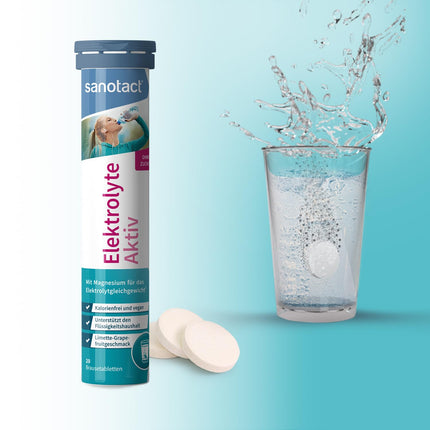 sanotact Electrolytes Active - 20 putojošās elektrolītu tabletes ar magniju, nātriju un kāliju. Bez kalorijām, bez cukura, vegāns. Laima-greipfrūtu garša.