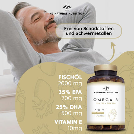 Augstas devas Omega 3 kapsulas ar 2000 mg zivju eļļas, 700 mg EPA un 500 mg DHA, zivju eļļa ar E vitamīnu un omega 3 taukskābēm. 120 mīkstās želejas kapsulas tīra jūras zivju eļļa N2 Natural Nutrition
