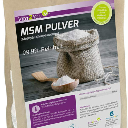 Vita2You MSM pulveris 1000g - (metilsulfonilmetāns) 99,9% tīrība - sieta koeficients 40-80 - 1kg organiskais sērs - augstākā kvalitāte