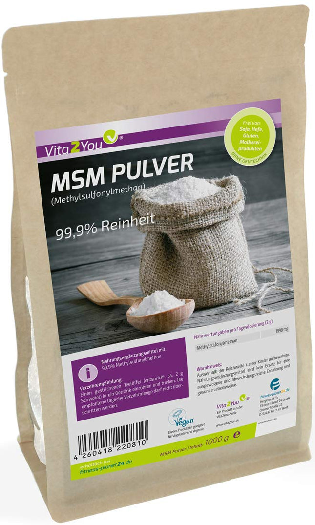 Vita2You MSM pulveris 1000g - (metilsulfonilmetāns) 99,9% tīrība - sieta koeficients 40-80 - 1kg organiskais sērs - augstākā kvalitāte
