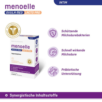 menoelle® OVULA med Lacto Pro. Bakteriālas vaginozes, maksts rauga infekcijas, iekaisušu gļotādu un maksts sausuma gadījumā. Ar pienskābi, probiotikām un kopšanas kompleksu. Bez hormoniem. 10 svecītes.