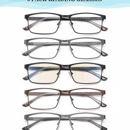 EYECEDAR Amcedar 5 gabalu lasāmbrilles vīriešiem, taisnstūra rāmis, metāla pelēks, nerūsējošā tērauda materiāls, atsperes eņģes, iekļautas datora lasāmbrilles 2.00