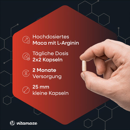 Maca kapsulas ar augstu devu + L-arginīns + vitamīni + cinks, 240 kapsulas, pulveris no Maca saknes 2 mēnešiem, augu izcelsmes uztura bagātinātājs bez piedevām, ražots Vācijā
