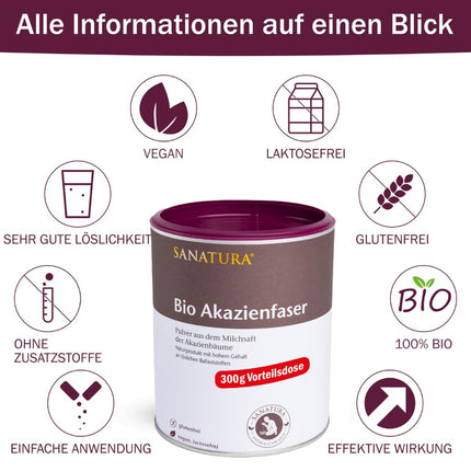 Sanatura Acacia Fiber Powder Organic – 300 g – vērtīgs šķiedrvielu avots no akācijas šķiedrām – šķīstošā šķiedra – vegāns, bez glutēna un fruktozes – labi panesams