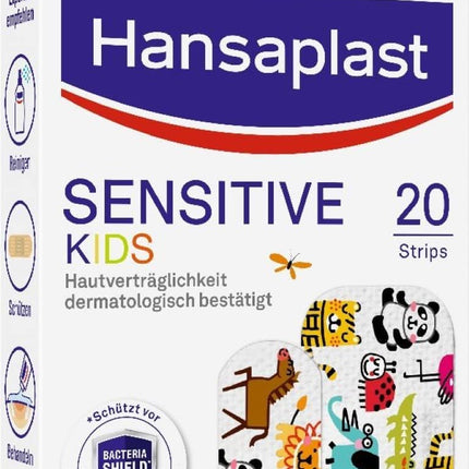 Hansaplast bērnu plāksteris jutīgai ādai (20 strēmelītes), brūču plāksteris ar mīlīgiem dzīvnieku motīviem uzmundrināšanai, nesāpīgi noņemams plāksteris