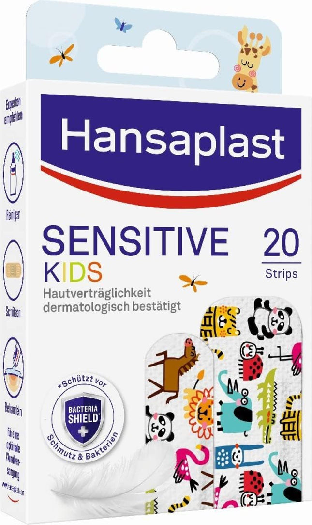 Hansaplast bērnu plāksteris jutīgai ādai (20 strēmelītes), brūču plāksteris ar mīlīgiem dzīvnieku motīviem uzmundrināšanai, nesāpīgi noņemams plāksteris